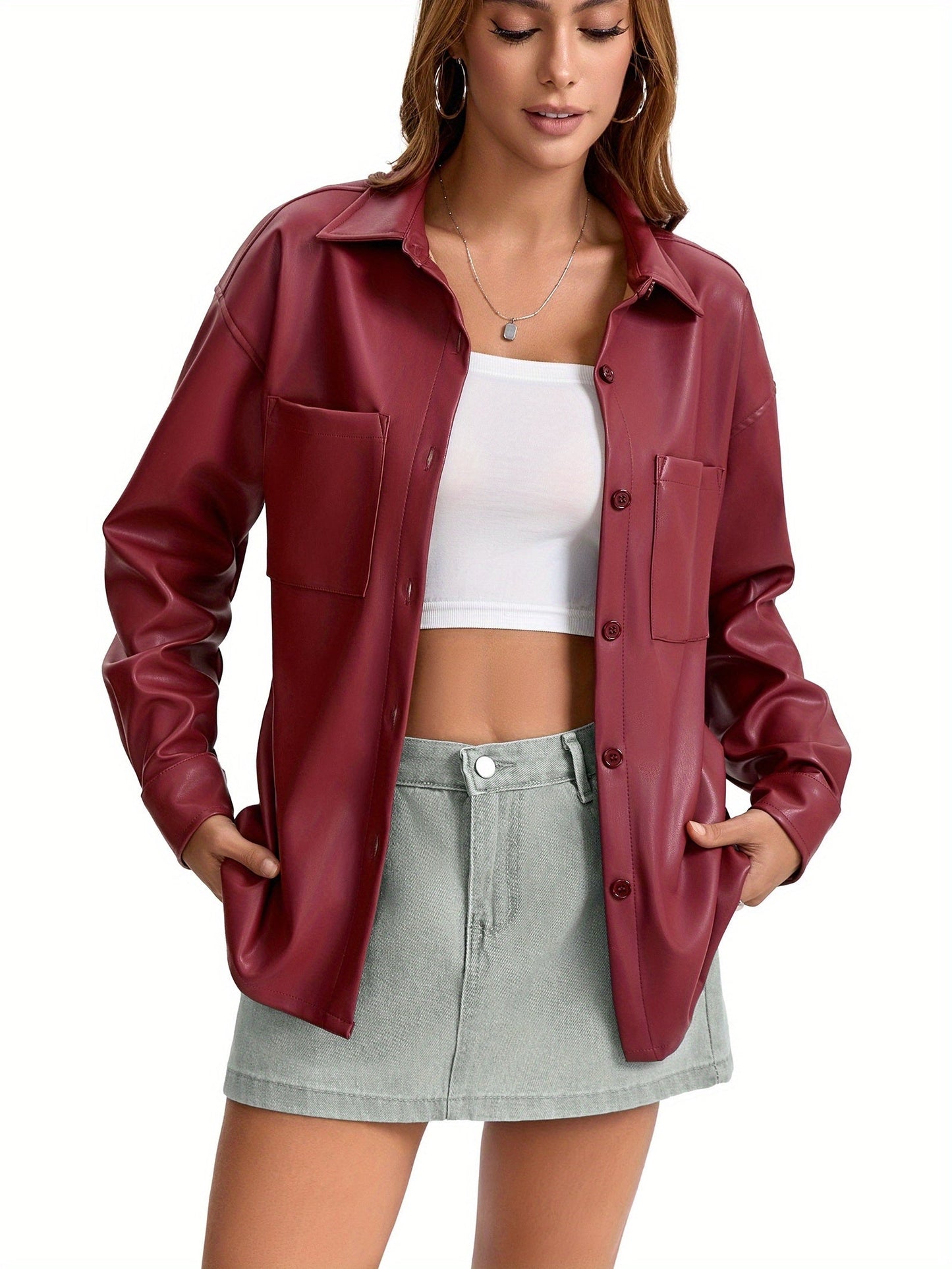Effortless Leather Shirt Jacket for Women with Collar Button Front Relaxed Style
