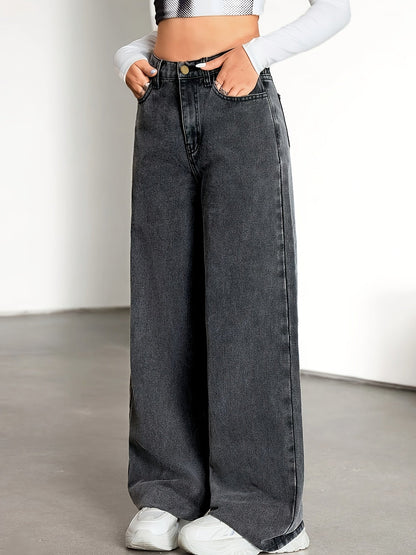 Effortless Relaxed Grey Wide Leg Jeans for Women with High Waist Faded Wash Style