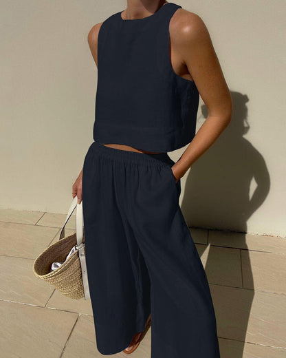 Effortless Two Piece Set for Women with Sleeveless Crop Tank Top Wide Leg Shorts Casual Summer Style