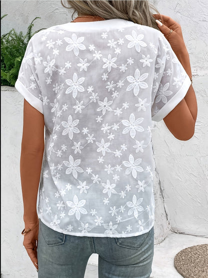 Effortless White Floral Blouse for Women with V Neck Batwing Sleeve