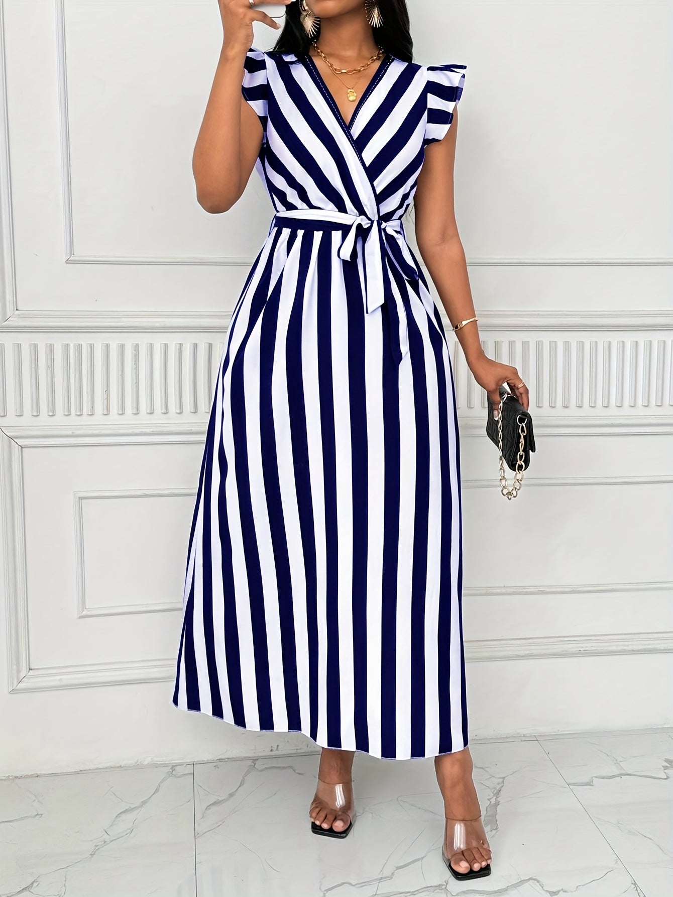 Stylish Striped Wrap Maxi Dress for Women with Ruffle Sleeve