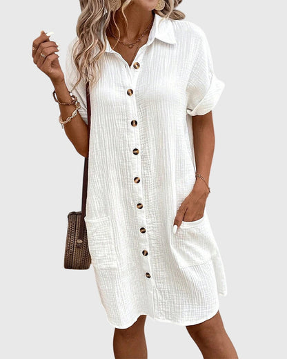 Comfortable Linen Shirt Dress for Women with Collared Button Down Short Sleeve Casual Mini Style