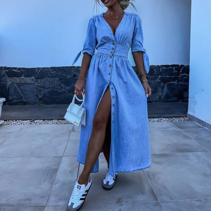 Effortless Denim Midi Dress for Women with V Neck Short Sleeve