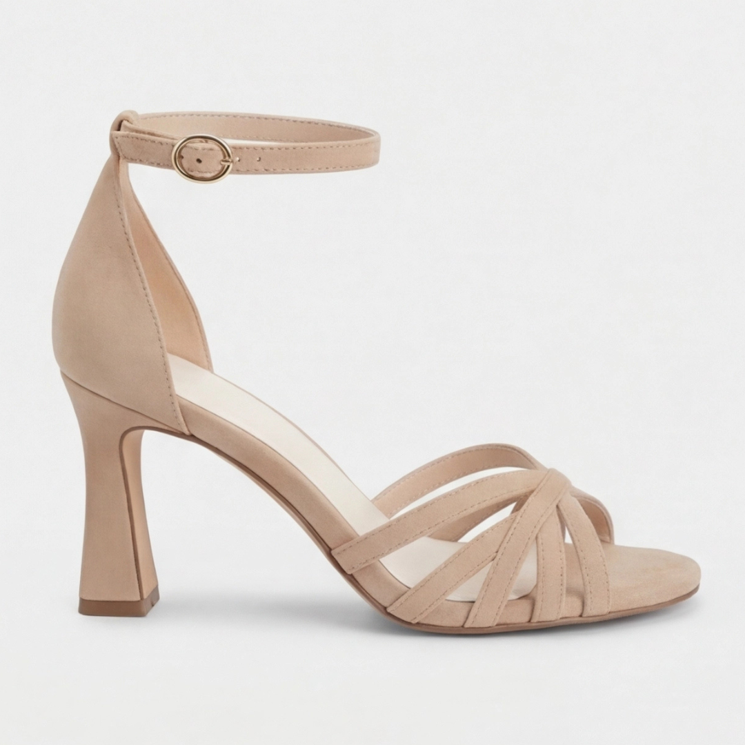 Comfortable Beige Heels for Women with Open Toe Block Heel Ankle Strap Style