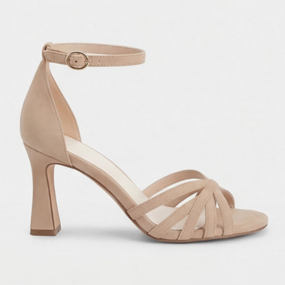 Comfortable Beige Heels for Women with Open Toe Block Heel Ankle Strap Style