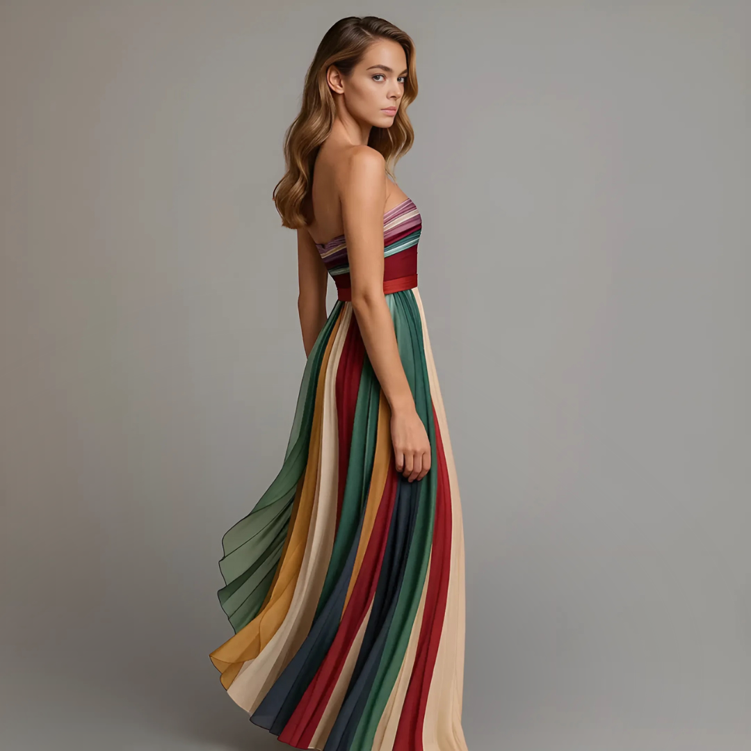Elegant Striped Strapless Maxi Dress for Women with Pleated Flowing Formal Wedding Guest Style