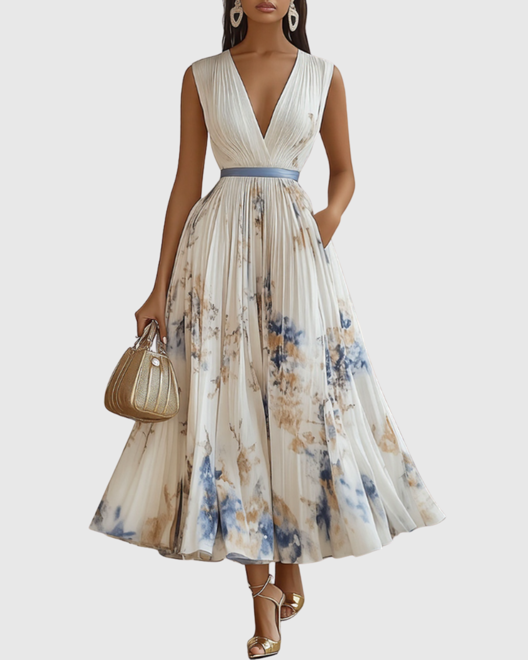 Elegant Floral Pleated Maxi Dress for Women with Deep V-Neck Sleeveless Belted Formal Wedding Guest Style