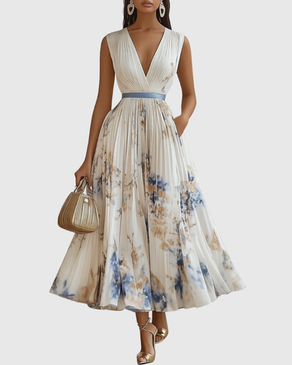 Elegant Floral Pleated Maxi Dress for Women with Deep V-Neck Sleeveless Belted Formal Wedding Guest Style