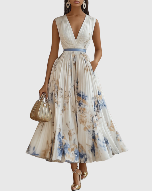 Elegant Floral Pleated Maxi Dress for Women with Deep V-Neck Sleeveless Belted Formal Wedding Guest Style
