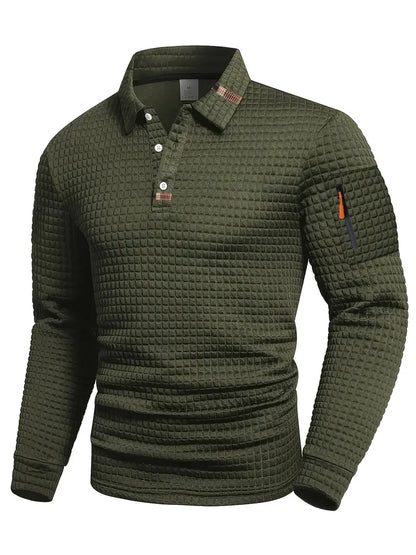 Classic Geometric Polo Shirt for Men with Long Sleeve Pocket