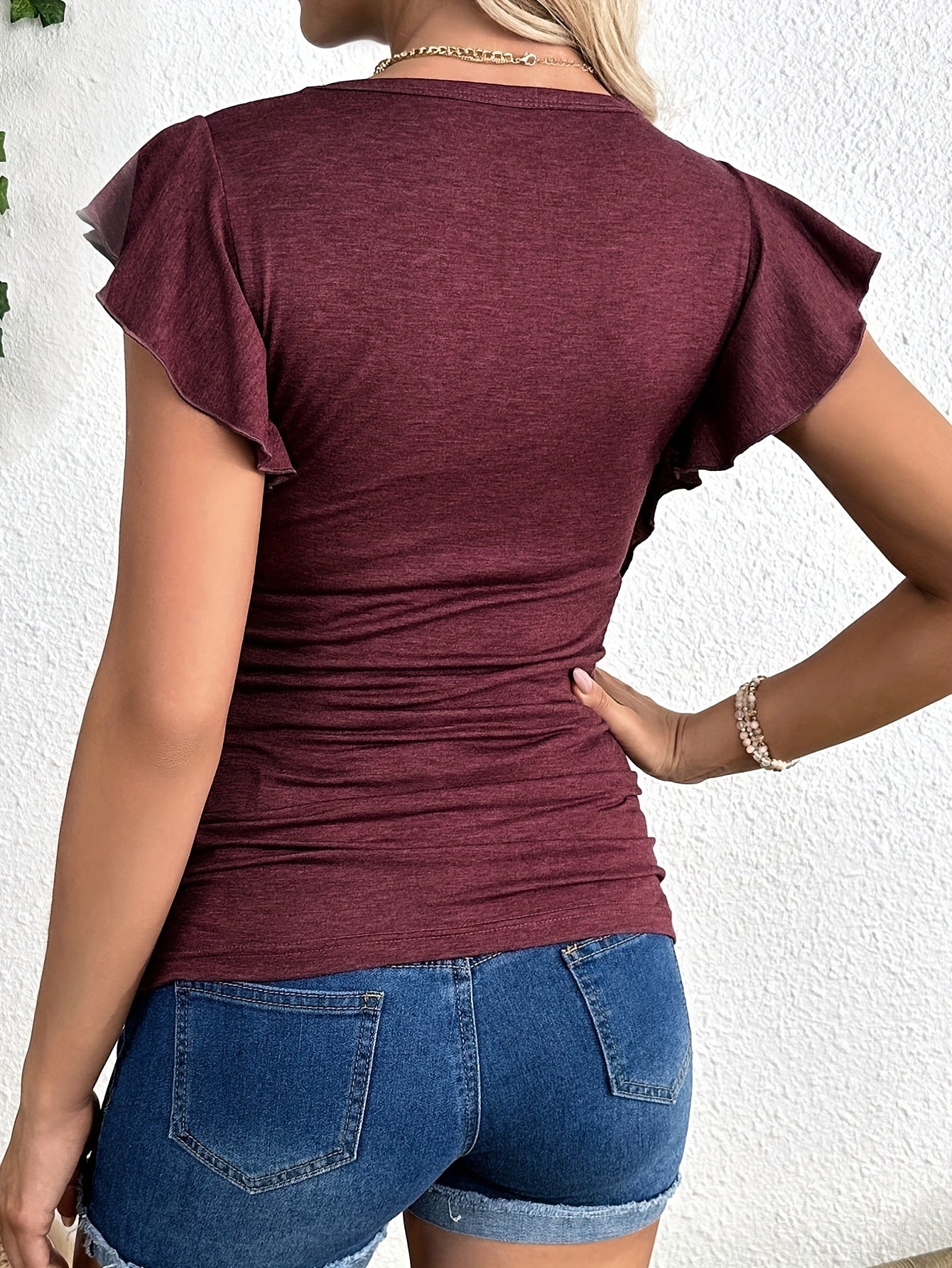 Stylish Maternity Top for Women with Crew Neck Ruffle Sleeve Ruched Side Fitted Casual Style