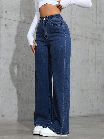 Effortless Relaxed Blue Wide Leg Jeans for Women with High Waist Flowing Style