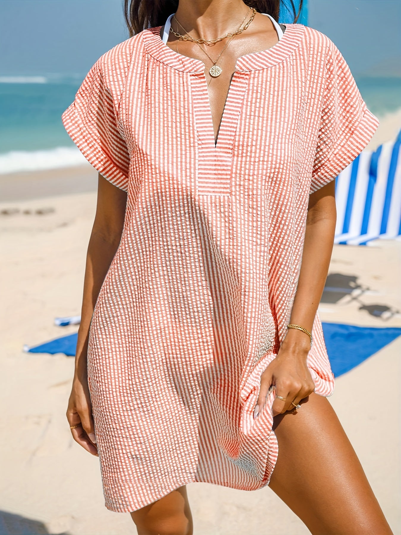 Comfortable Striped Beach Cover Up for Women with V Neck