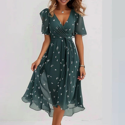 Effortless Printed Mini Dress for Women with V Neck Short Sleeve