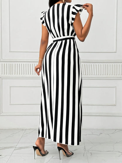 Stylish Striped Wrap Maxi Dress for Women with Ruffle Sleeve