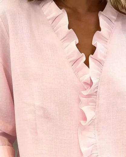 Stylish Blouse for Women with V Neck Long Sleeve Ruffled