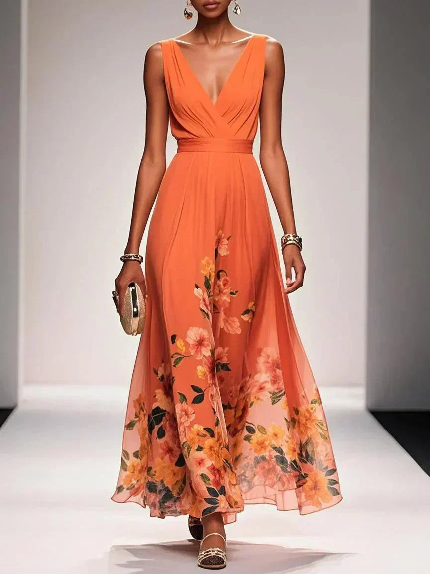 Elegant Floral Maxi Dress for Women with Deep V-Neck Sleeveless Formal Wedding Guest Style