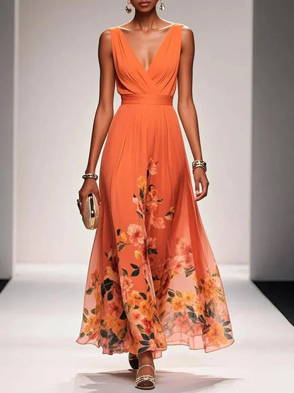 Elegant Floral Maxi Dress for Women with Deep V-Neck Sleeveless Formal Wedding Guest Style