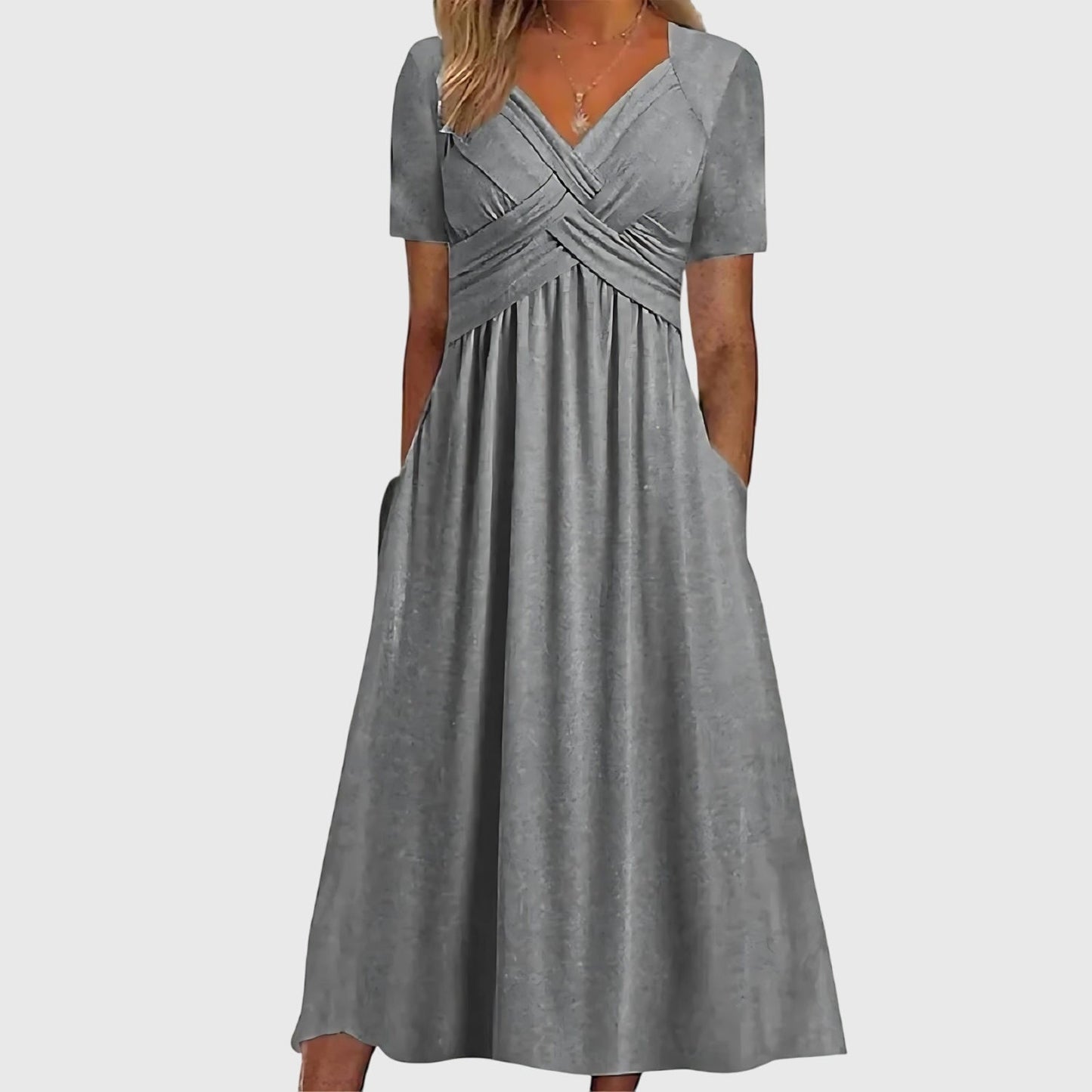Effortless Wrap V-Neck Midi Dress for Women with Short Sleeve Pocket Casual Style
