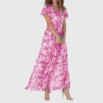 Effortless Floral Chiffon Maxi Dress for Women with V-Neck Flutter Sleeve Wedding Guest Style
