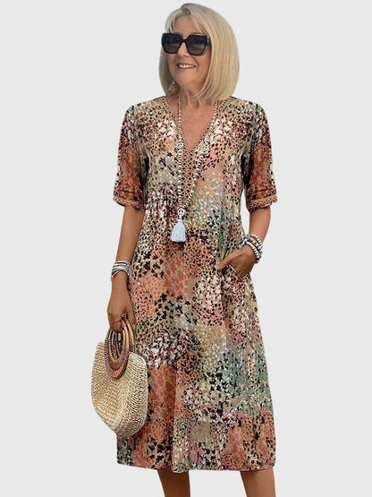 Effortless Boho Print Casual Maxi Dress for Women with V-Neck Half Sleeve Pocket Style