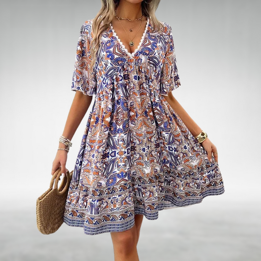 Effortless Sundress for Women with V-Neck Flutter Sleeve Paisley Print Tiered Ruffle Hem Casual Mini Style