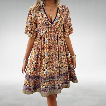 Effortless Sundress for Women with V-Neck Flutter Sleeve Paisley Print Tiered Ruffle Hem Casual Mini Style