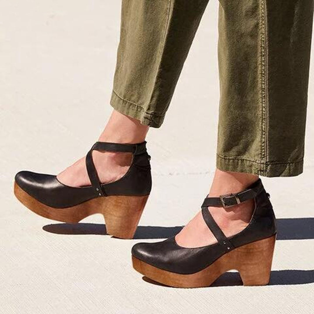 Stylish Wedge Sandals for Women with Ankle Strap Buckle Closure Wood Platform Heel Leather Casual Style