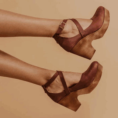 Stylish Wedge Sandals for Women with Ankle Strap Buckle Closure Wood Platform Heel Leather Casual Style