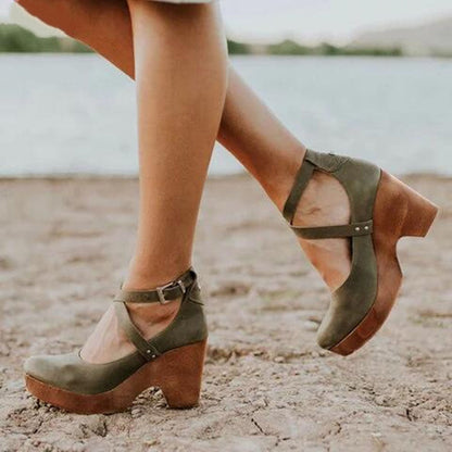 Stylish Wedge Sandals for Women with Ankle Strap Buckle Closure Wood Platform Heel Leather Casual Style