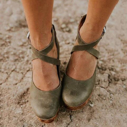 Stylish Wedge Sandals for Women with Ankle Strap Buckle Closure Wood Platform Heel Leather Casual Style
