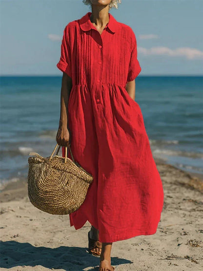 Stylish Maxi Dress for Women with Collared Short Sleeve Pleated