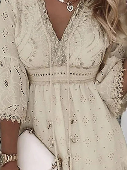 Effortless Sundress for Women with V-Neck Bell Sleeve Eyelet Lace Trim Smocked Waist Mini Style
