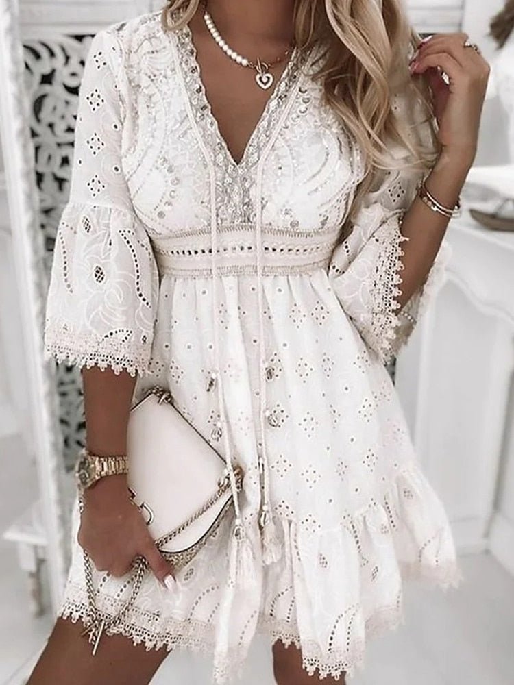 Effortless Sundress for Women with V-Neck Bell Sleeve Eyelet Lace Trim Smocked Waist Mini Style
