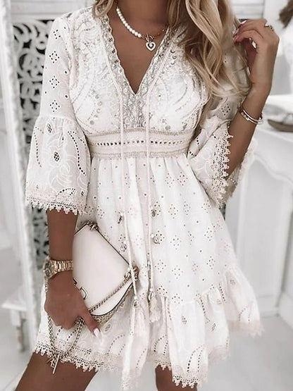 Effortless Sundress for Women with V-Neck Bell Sleeve Eyelet Lace Trim Smocked Waist Mini Style