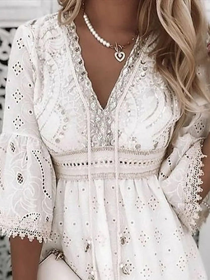 Effortless Sundress for Women with V-Neck Bell Sleeve Eyelet Lace Trim Smocked Waist Mini Style
