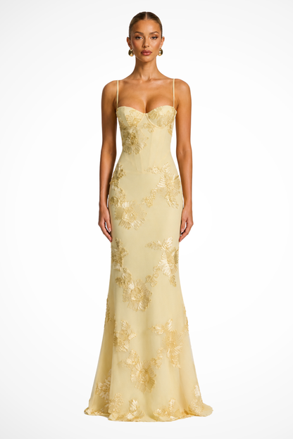 Elegant Formal Wedding Guest Dress for Women with Sweetheart Corset Spaghetti Strap Floral Embroidered Maxi Style