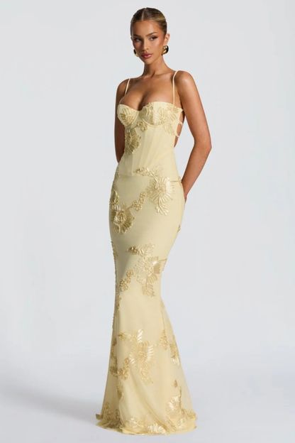 Elegant Formal Wedding Guest Dress for Women with Sweetheart Corset Spaghetti Strap Floral Embroidered Maxi Style