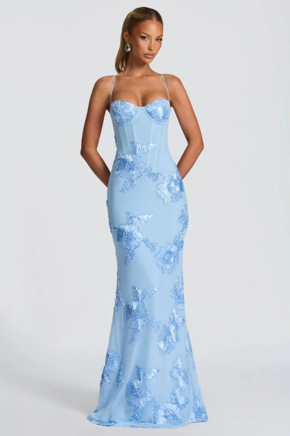 Elegant Formal Wedding Guest Dress for Women with Sweetheart Corset Spaghetti Strap Floral Embroidered Maxi Style