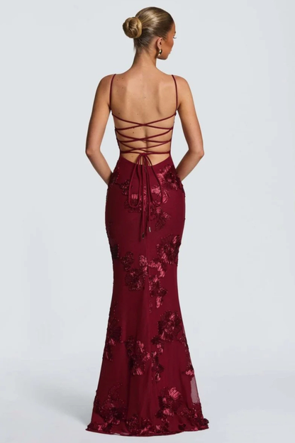 Elegant Formal Wedding Guest Dress for Women with Sweetheart Corset Spaghetti Strap Floral Embroidered Maxi Style