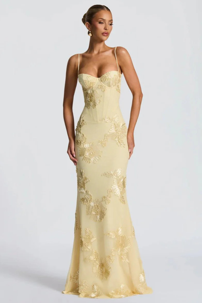Elegant Formal Wedding Guest Dress for Women with Sweetheart Corset Spaghetti Strap Floral Embroidered Maxi Style