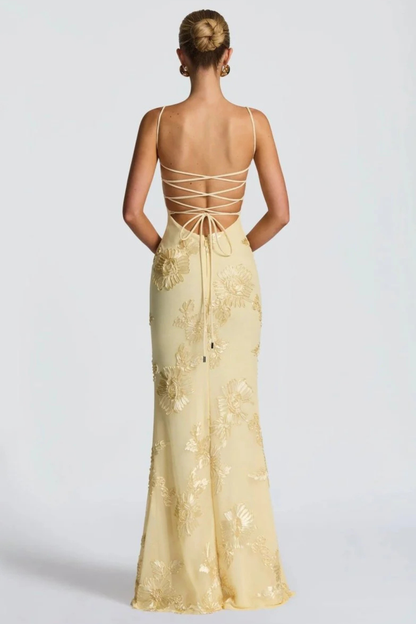 Elegant Formal Wedding Guest Dress for Women with Sweetheart Corset Spaghetti Strap Floral Embroidered Maxi Style