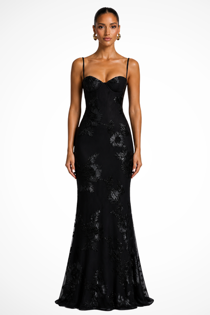 Elegant Formal Wedding Guest Dress for Women with Sweetheart Corset Spaghetti Strap Floral Embroidered Maxi Style