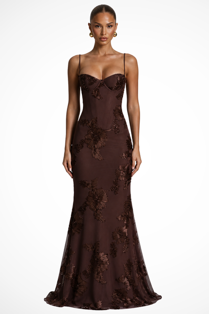 Elegant Formal Wedding Guest Dress for Women with Sweetheart Corset Spaghetti Strap Floral Embroidered Maxi Style