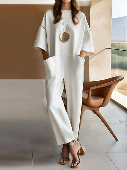 Effortless Jumpsuit for Women with Crew Neck Batwing Sleeve Oversized Pocket Wide Leg Casual Style