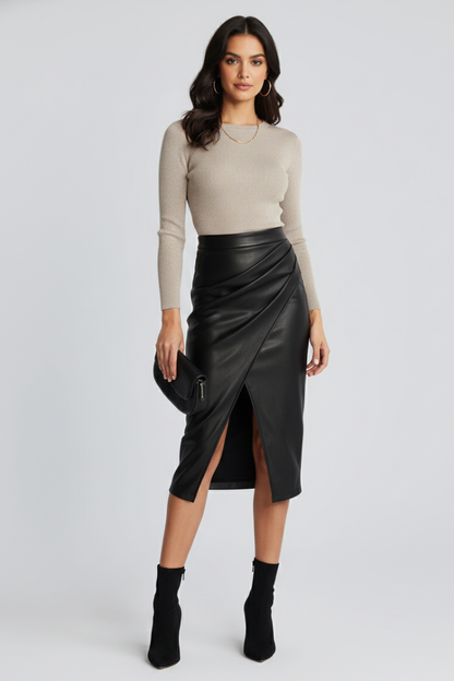 Elegant Faux Leather Midi Skirt for Women with High Waist Wrap Front Split Business Casual Style
