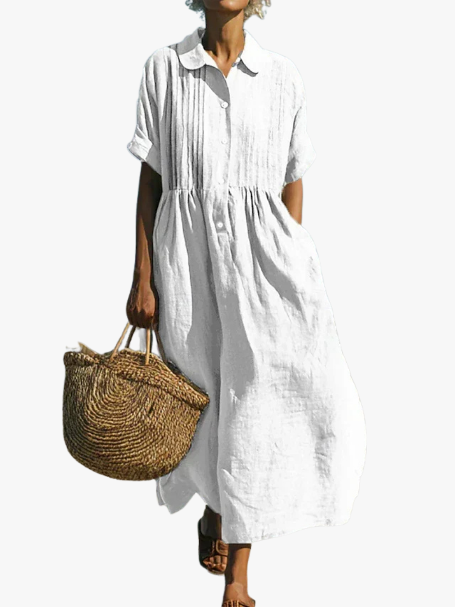 Stylish Maxi Dress for Women with Collared Short Sleeve Pleated