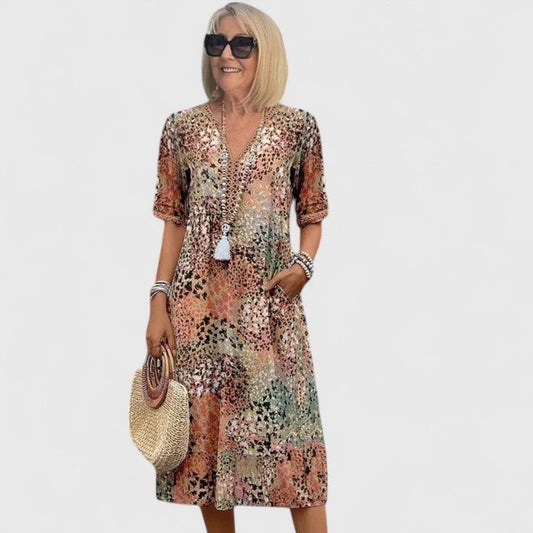 Effortless Abstract Print Maxi Dress for Women with Crochet V Neck Boho Casual Style