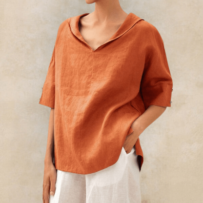 Comfortable Linen Blouses for Women with Collar Short Sleeve Relaxed Style