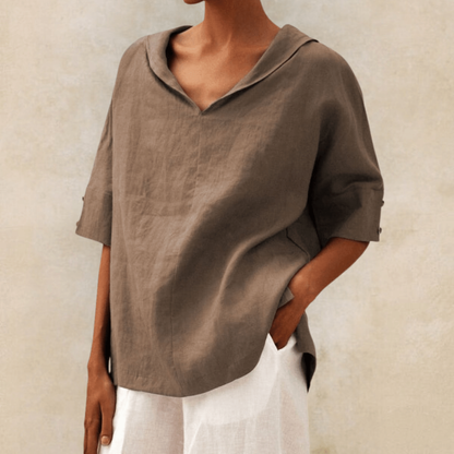 Comfortable Linen Blouses for Women with Collar Short Sleeve Relaxed Style